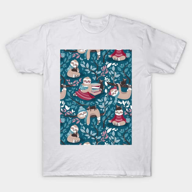 Hygge sloth // pattern // teal and red T-Shirt by SelmaCardoso